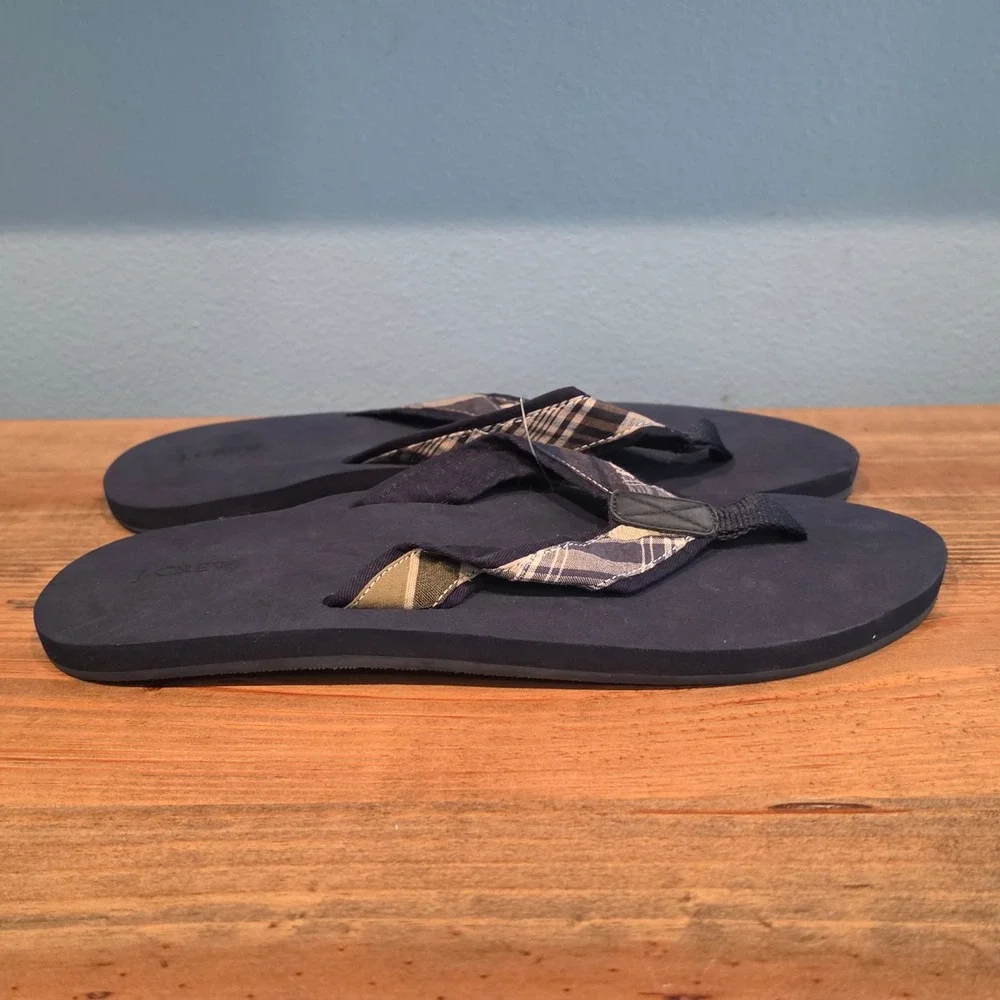 J.Crew Mens Flip Flops Navy Blue Plaid Fabric Strap Sandals Size 11